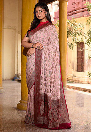 Woven Pure Georgette Silk Saree in Baby Pink