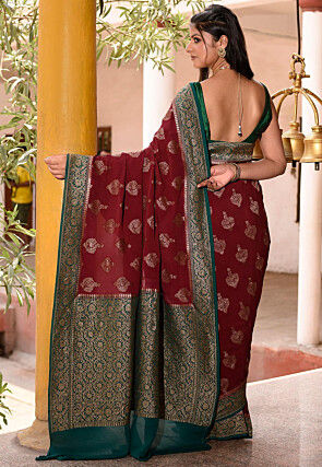 Woven Pure Georgette Silk Saree in Maroon