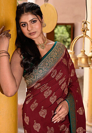 Woven Pure Georgette Silk Saree in Maroon