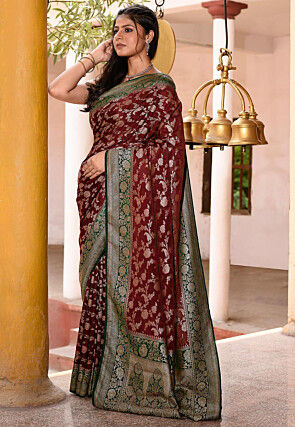 Woven Pure Georgette Silk Saree in Maroon