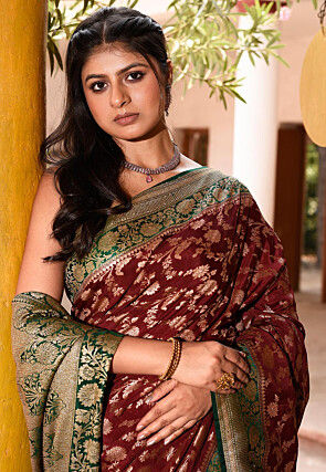 Woven Pure Georgette Silk Saree in Maroon