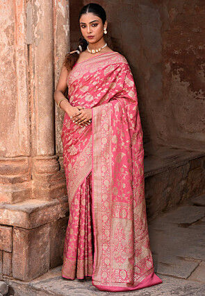 Woven Pure Georgette Silk Saree in Peach