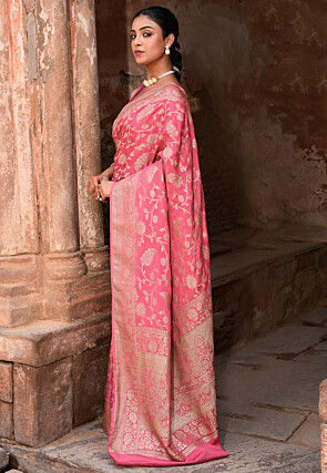 Woven Pure Georgette Silk Saree in Peach