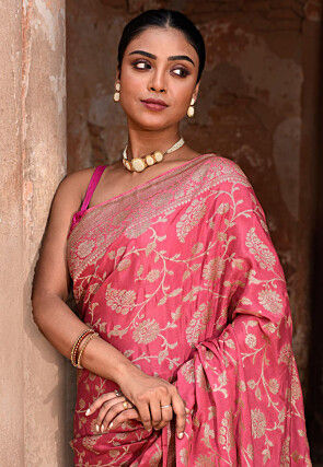 Woven Pure Georgette Silk Saree in Peach