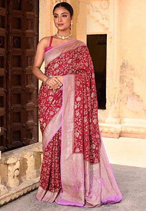 Woven Pure Georgette Silk Saree in Red