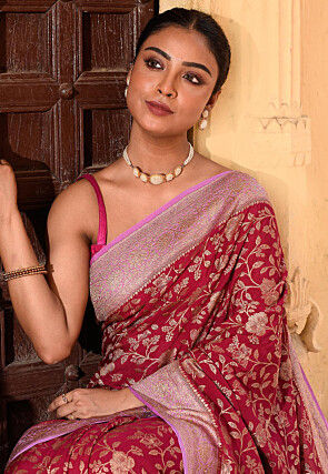 Woven Pure Georgette Silk Saree in Red
