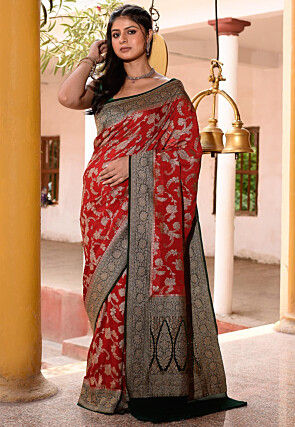 Woven Pure Georgette Silk Saree in Red