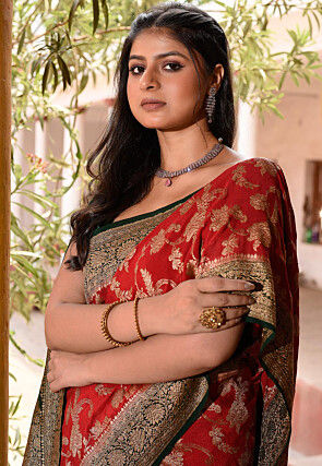 Woven Pure Georgette Silk Saree in Red