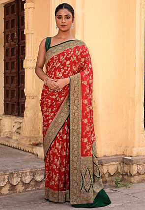 Woven Pure Georgette Silk Saree in Red