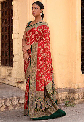 Woven Pure Georgette Silk Saree in Red