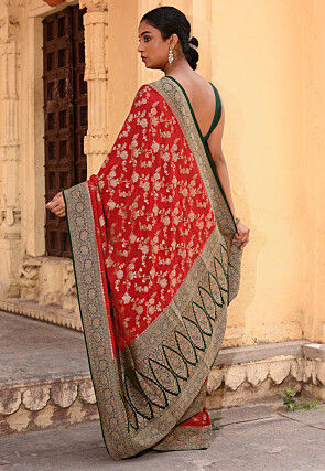 Woven Pure Georgette Silk Saree in Red