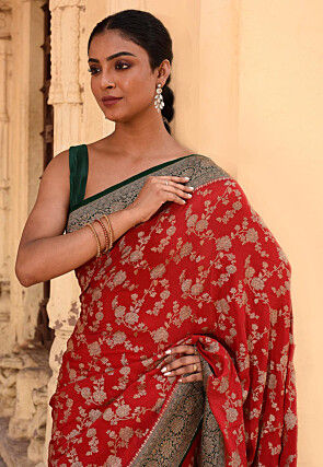 Woven Pure Georgette Silk Saree in Red