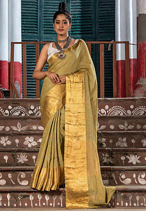 Woven Pure Linen Saree in Beige