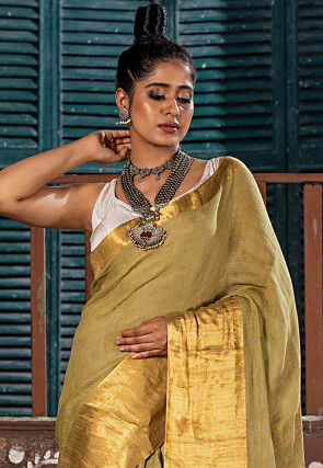 Woven Pure Linen Saree in Beige
