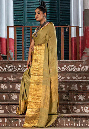 Woven Pure Linen Saree in Beige