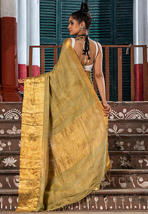 Woven Pure Linen Saree in Beige