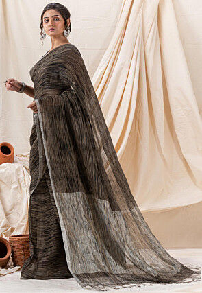 Woven Pure Linen Saree in Black and Beige