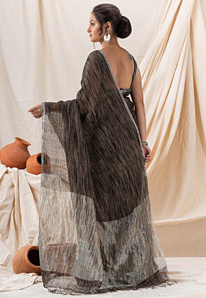 Woven Pure Linen Saree in Black and Beige