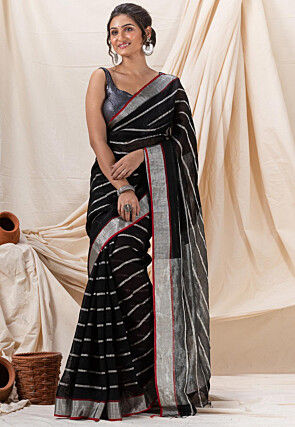 Woven Pure Linen Saree in Black