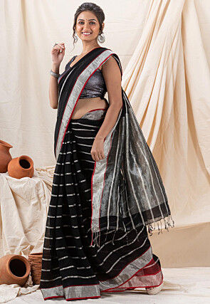 Woven Pure Linen Saree in Black