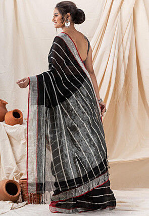 Woven Pure Linen Saree in Black