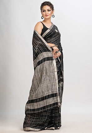 Woven Pure Linen Saree in Black
