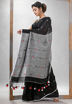Woven Pure Linen Saree in Black