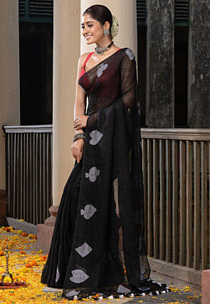 Woven Pure Linen Saree in Black