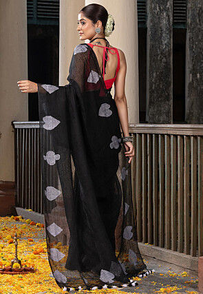 Woven Pure Linen Saree in Black