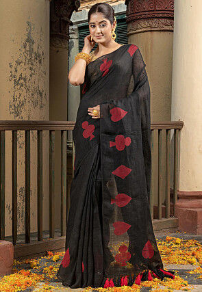 Woven Pure Linen Saree in Black