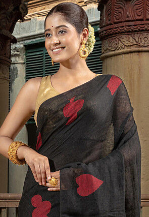 Woven Pure Linen Saree in Black