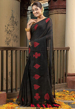 Woven Pure Linen Saree in Black