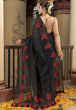 Woven Pure Linen Saree in Black