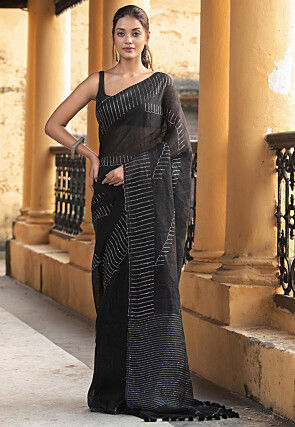 Woven Pure Linen Saree in Black