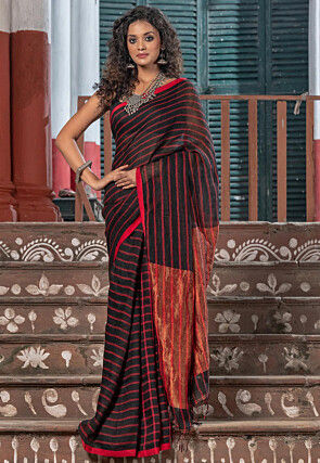 Woven Pure Linen Saree in Black
