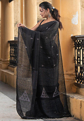 Woven Pure Linen Saree in Black