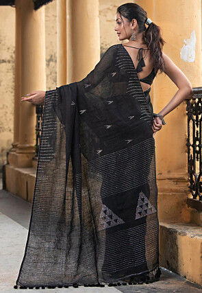 Woven Pure Linen Saree in Black