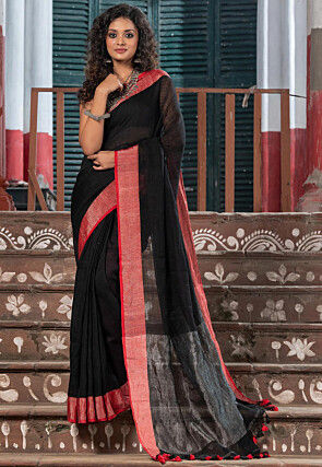 Woven Pure Linen Saree in Black