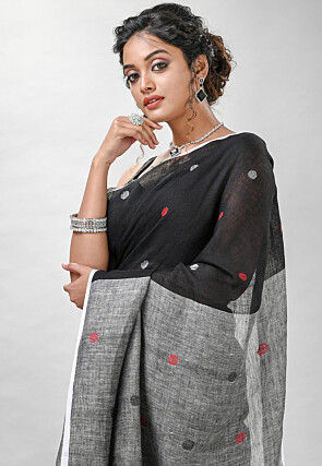 Woven Pure Linen Saree in Black