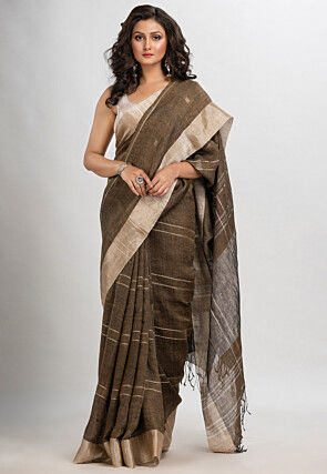 Woven Pure Linen Saree in Brown