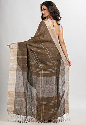Woven Pure Linen Saree in Brown