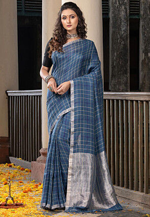 Woven Pure Linen Saree in Dark Blue