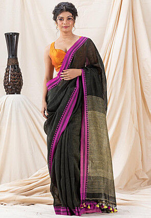 Woven Pure Linen Saree in Dark Green