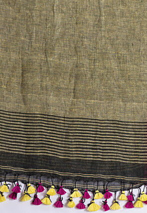 Woven Pure Linen Saree in Dark Green