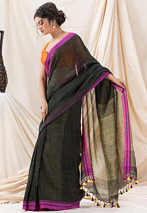 Woven Pure Linen Saree in Dark Green