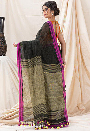 Woven Pure Linen Saree in Dark Green