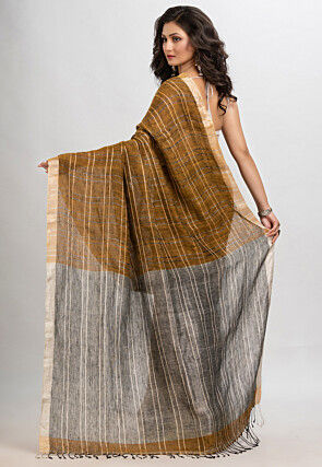 Woven Pure Linen Saree in Dark Mustard