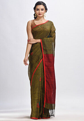 Woven Pure Linen Saree in Dark Olive Green