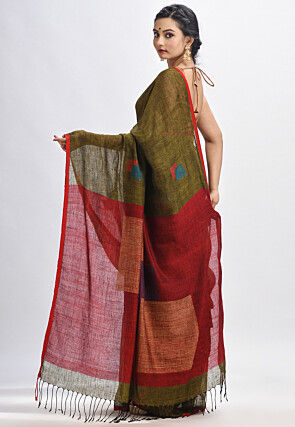 Woven Pure Linen Saree in Dark Olive Green