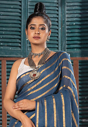 Woven Pure Linen Saree in Dusty Blue